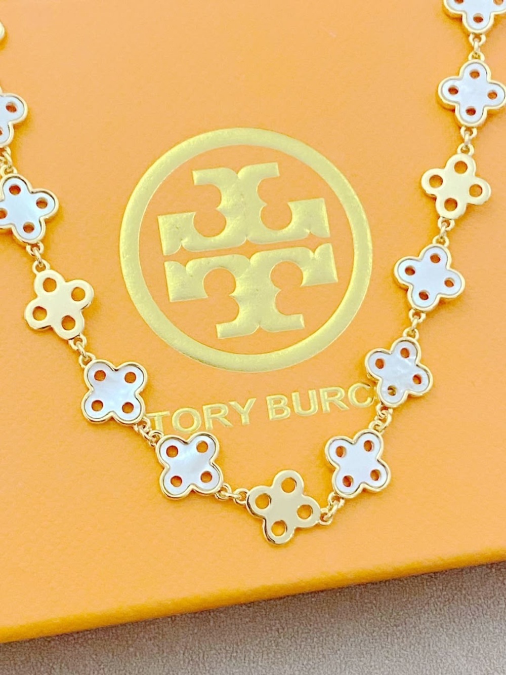 Tory Burch Gold and White Clover Station Necklace choker